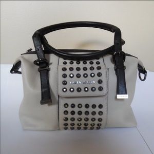 Karen Millen white studded biker bowler bag